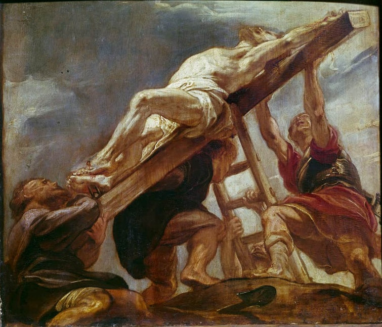 Peter Paul Rubens Die Kreuzaufrichtung Kunstkopie, Ölskizze mit Christus am schräg aufgerichteten Kreuz und drei Helfern