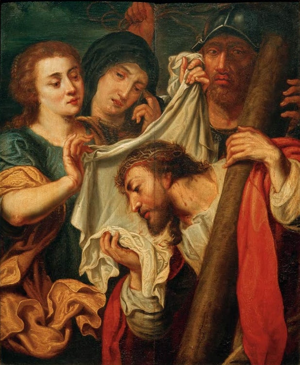 Peter Paul Rubens zugeschrieben Die Kreuztragung Kunstkopie, Christus mit Dornenkrone, Frauen und ein Soldat mit Helm
