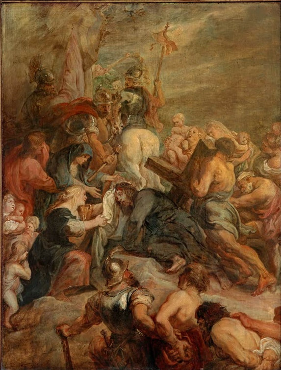 Peter Paul Rubens Die Kreuztragung Kunstkopie, Christus unter dem Kreuz gestürzt, umgeben von Frauen, Kindern und Soldaten