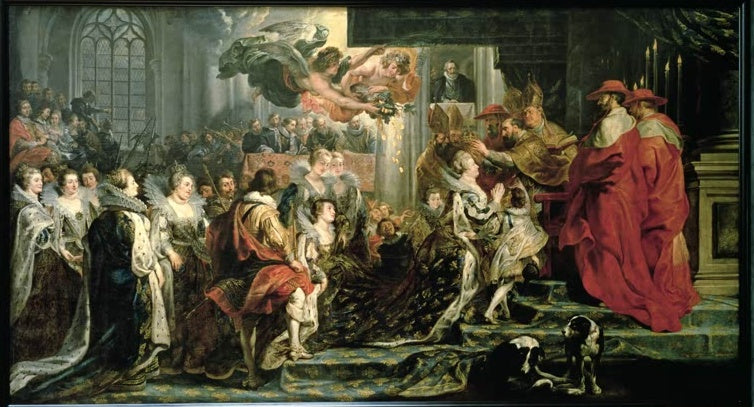 Peter Paul Rubens Die Krönung der Maria von Medici in Saint-Denis Kunstkopie, Königin kniet vor Kardinälen im Kirchenraum