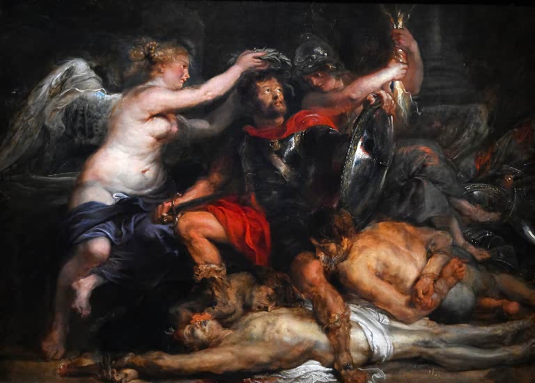 Peter Paul Rubens Die Krönung des Siegers Kunstkopie, Feldherr in Rüstung wird von geflügelter Victoria bekränzt
