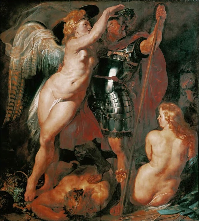 Peter Paul Rubens Die Krönung des Tugendhelden Kunstkopie, geflügelte Siegesgöttin krönt einen Helden in dunkler Rüstung