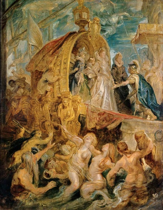 Peter Paul Rubens Die Landung der Maria von Medici in Marseille Kunstkopie, goldene Galeere mit Sirenen und Meergöttern