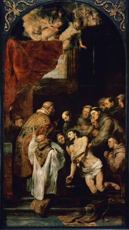 Peter Paul Rubens Die letzte Kommunion des heiligen Franziskus Kunstkopie, kniender Mönch empfängt die Hostie