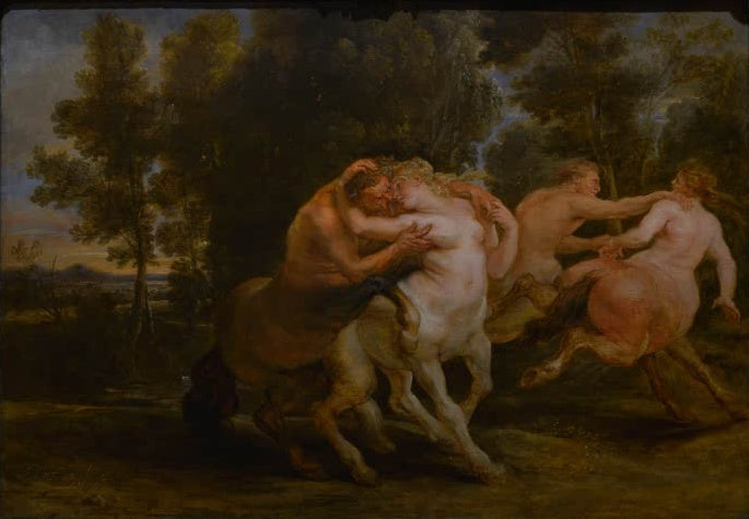 Peter Paul Rubens Die Liebe der Zentauren Kunstkopie, zwei Zentaurenpaare in umarmender Bewegung vor Bäumen und Abendhimmel