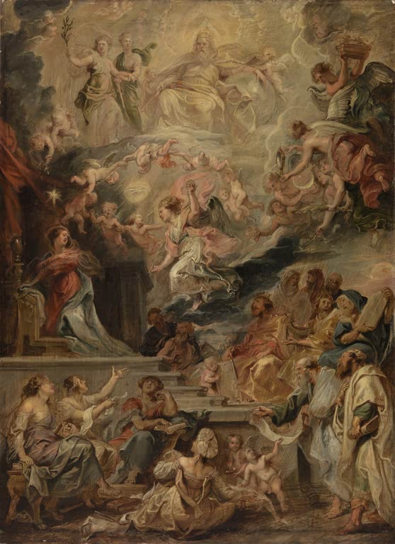 Peter Paul Rubens Die Menschwerdung Kunstkopie, Verkündigung an Maria mit Engeln, Gottvater und Propheten in Ölskizze