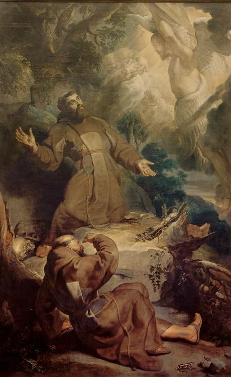 Peter Paul Rubens Die Stigmatisation des heiligen Franziskus Kunstkopie, kniender Mönch mit ausgebreiteten Armen im Wald