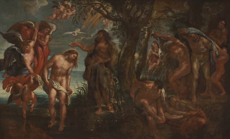 Peter Paul Rubens Die Taufe Christi Kunstkopie, Christus und Johannes der Täufer am Wasser mit Engeln und Kindern