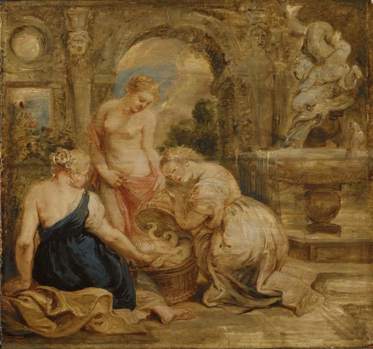 Peter Paul Rubens Die Töchter des Kekrops finden Erichthonius Kunstkopie, drei Frauen am Korb vor einem Brunnen