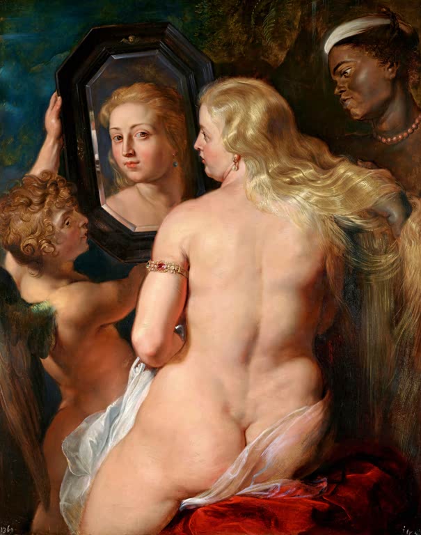 Peter Paul Rubens Die Toilette der Venus Kunstkopie, Göttin mit langem blondem Haar vor dem Spiegel, Amor und Dienerin