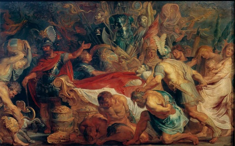 Peter Paul Rubens Die Totenfeier für Decius Mus, Ölskizze Kunstkopie, Toter Feldherr auf dem Paradebett