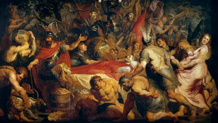 Peter Paul Rubens Die Totenfeier für Decius Mus, Wien Kunstkopie, Aufgebahrter Feldherr mit Trophäen und Gefangenen
