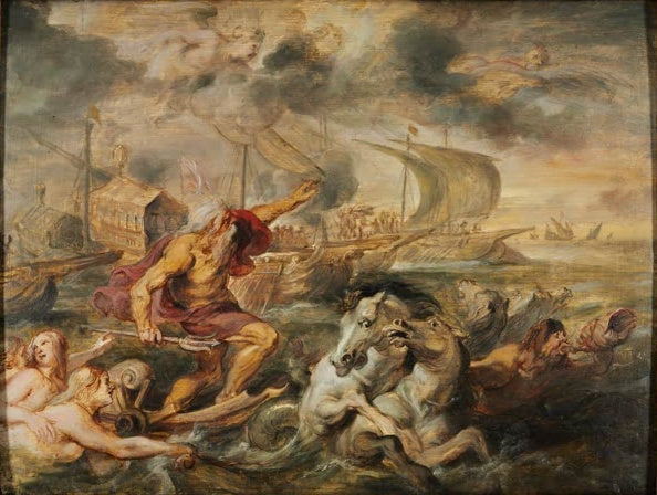 Peter Paul Rubens Die Überfahrt des Kardinalinfanten Ferdinand Kunstkopie, Neptun mit Meerpferden vor Schiffen im Sturm