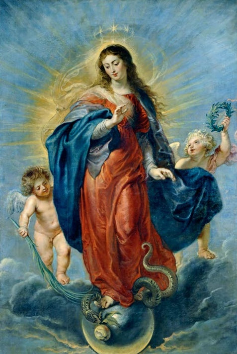 Peter Paul Rubens Die Unbefleckte Empfängnis Kunstkopie, Maria in blauem Mantel auf der Weltkugel mit zwei Putten