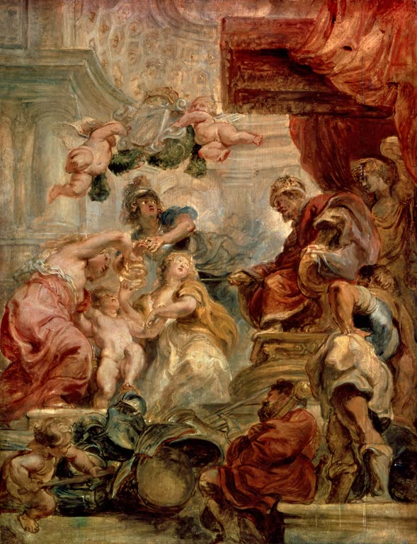 Peter Paul Rubens Die Vereinigung von Großbritannien Kunstkopie, Ölskizze mit Minerva und thronendem König