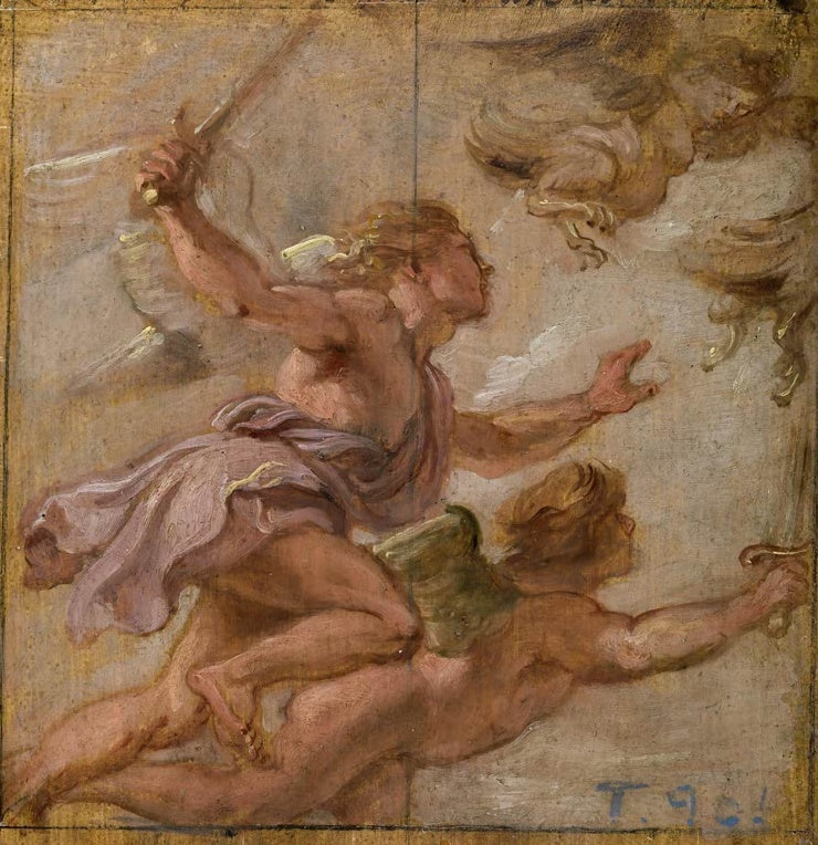 Peter Paul Rubens Die Verfolgung der Harpyien, Ölskizze Kunstkopie, geflügelte Gestalten im Flug, eine mit Schwert