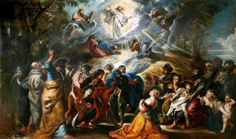 Peter Paul Rubens Die Verklärung Christi Kunstkopie, schwebender Christus im Lichtstrahl über staunenden Jüngern und Menschen