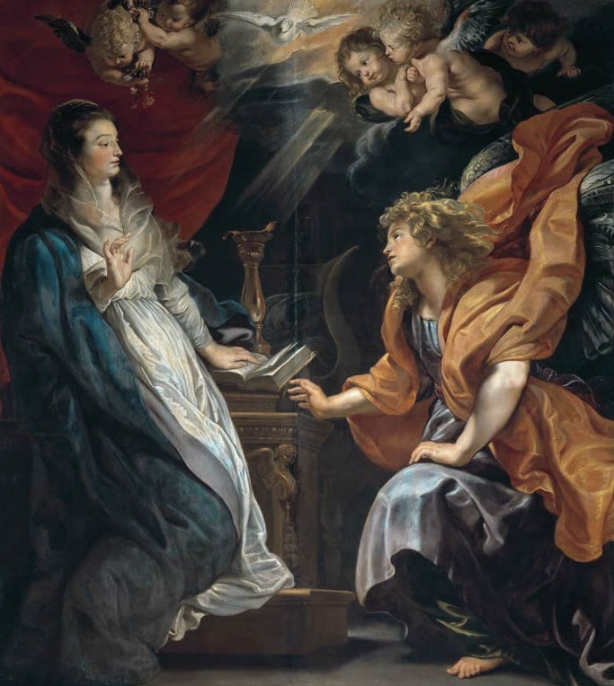 Peter Paul Rubens Die Verkündigung an Maria Kunstkopie, Maria im blauen Mantel, Erzengel in orangem Umhang, Putten