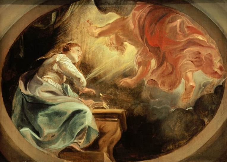 Peter Paul Rubens Die Verkündigung an Maria Kunstkopie, Ölskizze im Oval mit lesender Maria und schwebendem Engel