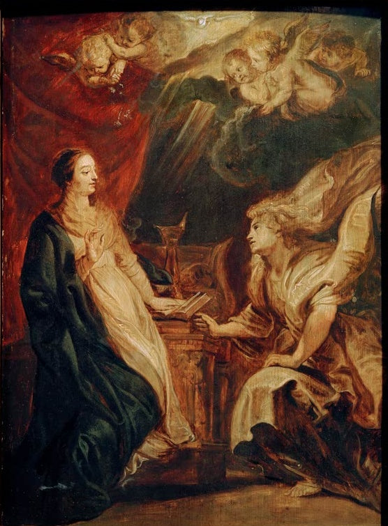 Peter Paul Rubens Die Verkündigung an Maria Kunstkopie, Maria im dunklen Mantel und Engel vor rotem Vorhang