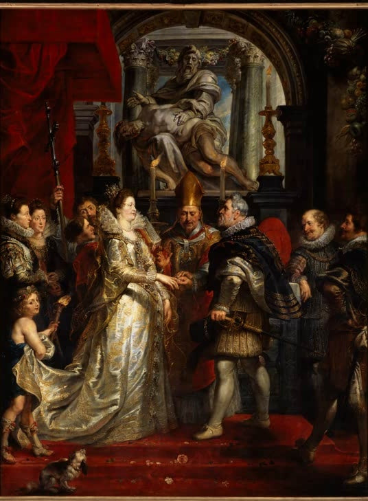 Peter Paul Rubens Die Vermählung der Maria von Medici Kunstkopie, Braut in silbernem Kleid, Trauung vor rotem Teppich
