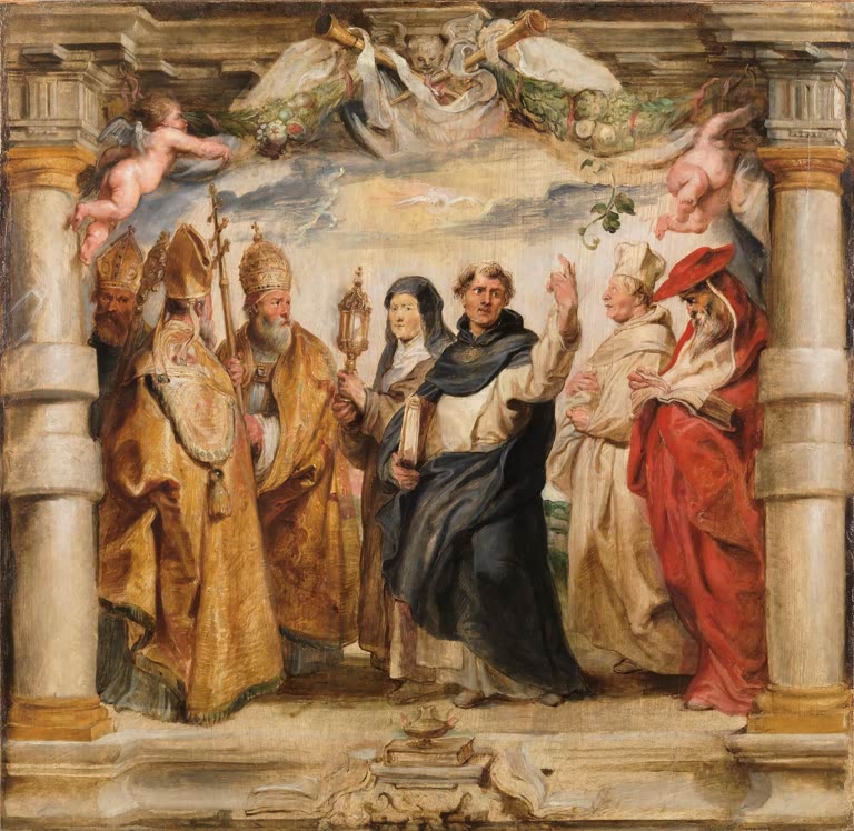 Peter Paul Rubens Die Verteidiger der Eucharistie Kunstkopie, Bischöfe, Kardinal und Ordensleute zwischen Säulen unter Putten
