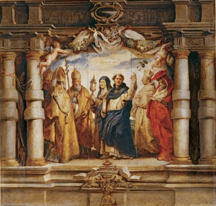 Peter Paul Rubens Die Verteidiger der Eucharistie Kunstkopie, Kirchenväter und Heilige zwischen Säulen in Gold und Rot