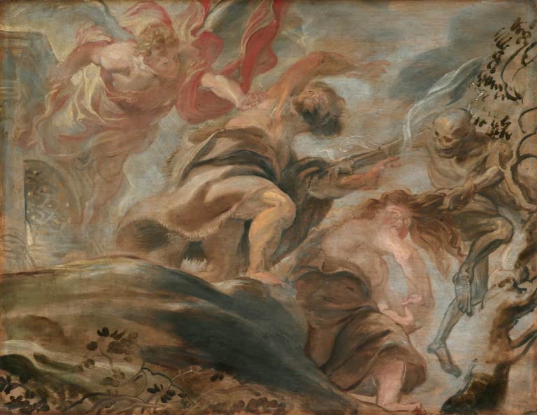 Peter Paul Rubens Die Vertreibung aus dem Garten Eden Kunstkopie, Adam und Eva verfolgt von Engel und Tod vor Wolkenhimmel