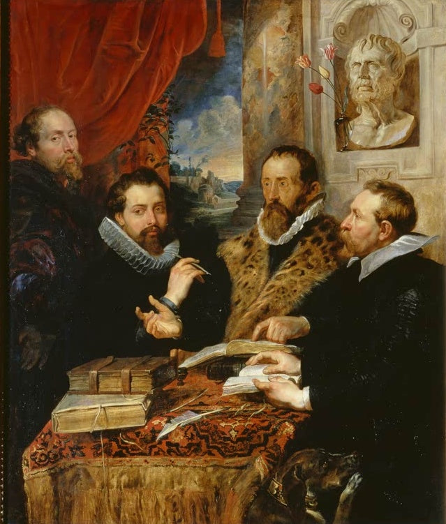 Peter Paul Rubens Die vier Philosophen Kunstkopie, vier Männer um einen Tisch mit Büchern vor Büste und Tulpen