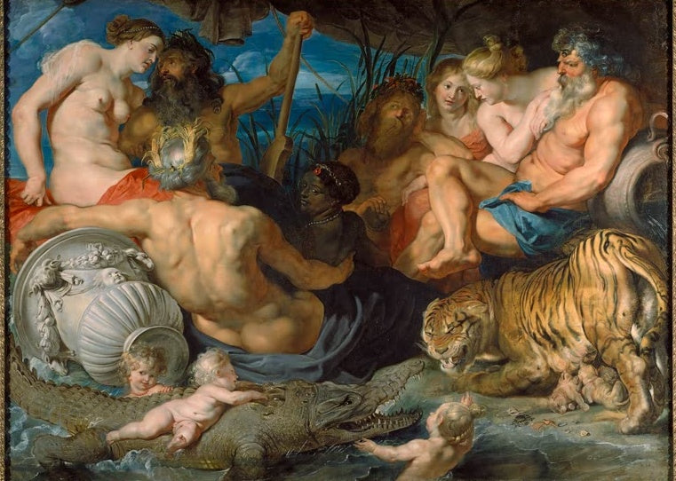 Peter Paul Rubens Die vier Weltteile Kunstkopie, vier Flussgötter mit Nymphen, Tiger und Krokodil am Wasser