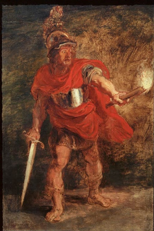 Peter Paul Rubens Die Vision des Aeneas Kunstkopie, Held im roten Mantel mit Helm, Schwert und brennender Fackel