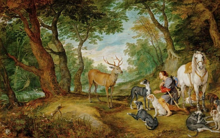 Peter Paul Rubens Die Vision des heiligen Hubertus Kunstkopie, Jäger kniet vor einem Hirsch im Wald, Hunde und weißes Pferd