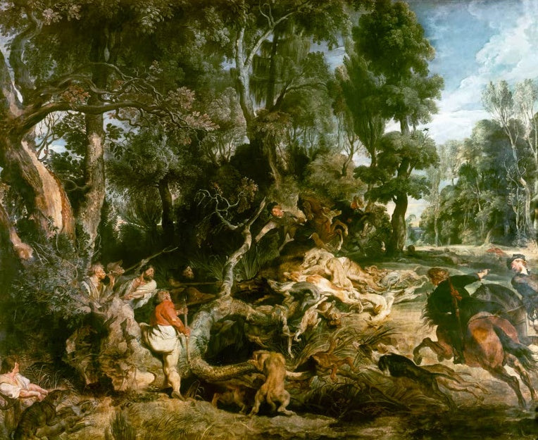 Peter Paul Rubens Die Wildschweinjagd Kunstkopie, Jäger und Hunde im dichten Wald, rechts zwei Reiter unter hohem Himmel