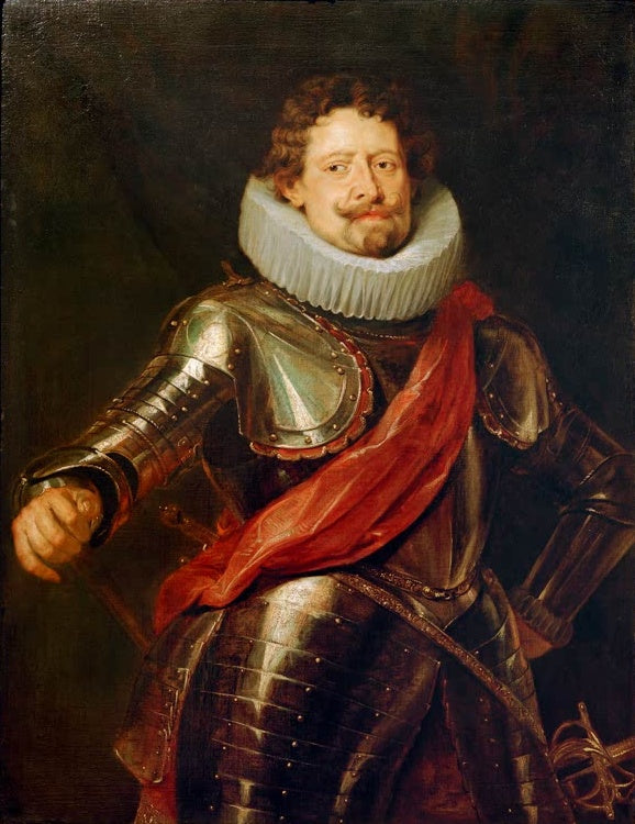 Peter Paul Rubens Diego Messía Felipe de Guzmán Kunstkopie, Feldherr in glänzender Rüstung mit roter Schärpe und Halskrause