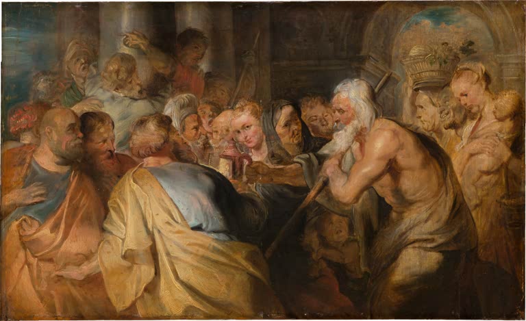 Peter Paul Rubens Diogenes sucht Menschen Kunstkopie, alter Philosoph mit Stab und Laterne unter einer Menschenmenge
