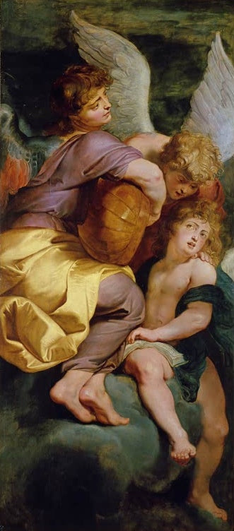 Peter Paul Rubens Drei musizierende Engel Kunstkopie, geflügelte Engel und ein Knabe auf einer Wolke in gelbem Gewand