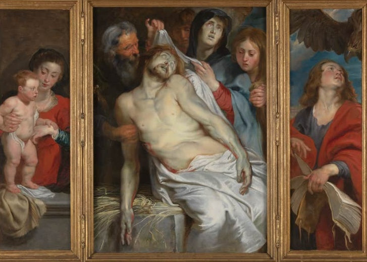 Peter Paul Rubens Epitaph des Jan Michielsen und seiner Frau Maria Maes Kunstkopie, Triptychon mit totem Christus