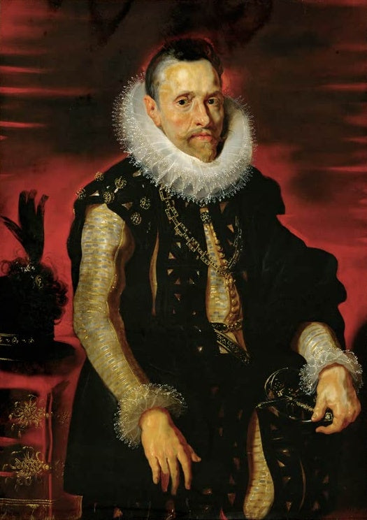 Peter Paul Rubens Erzherzog Albrecht VII. Kunstkopie, Fürst in schwarzem Wams mit Radkragen und Kette vor rotem Grund