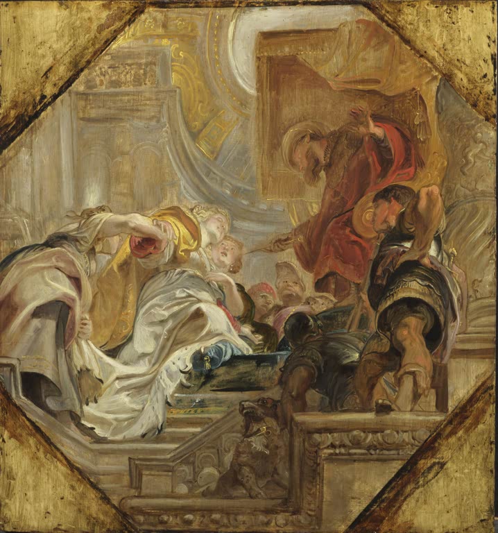 Peter Paul Rubens Esther vor Ahasver, Ölskizze in London Kunstkopie, ohnmächtige Königin in Weiß, König mit Zepter