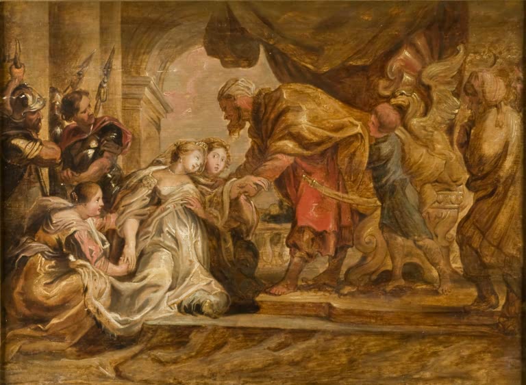 Peter Paul Rubens Esther vor Ahasver Kunstkopie, ohnmächtige Königin in hellem Gewand vor dem König in goldenem Mantel
