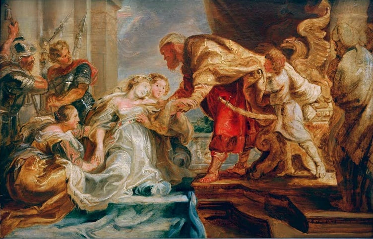 Peter Paul Rubens Esther vor Ahasver Kunstkopie, ohnmächtige Königin in weißem Gewand vor dem Perserkönig in Rot