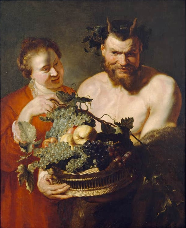Peter Paul Rubens Faun und Mädchen Kunstkopie, bärtiger Faun und Frau in Rot hinter einem Korb voller Trauben