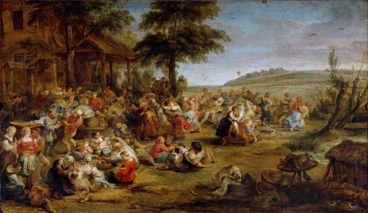 Peter Paul Rubens Flandrische Kirmes Kunstkopie, tanzende und feiernde Bauern vor Dorfgasthaus und weiter Landschaft