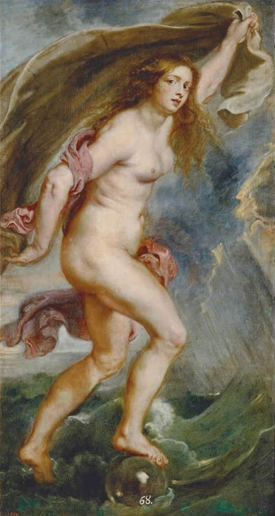 Peter Paul Rubens Fortuna Kunstkopie, junge Frau mit wehendem Tuch steht auf einer Kugel über bewegtem Meer