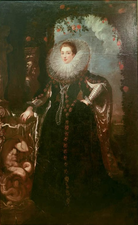 Peter Paul Rubens Frauenbildnis Bukarest Kunstkopie, Dame in dunklem Kleid mit Mühlsteinkragen unter einem Rosenbogen