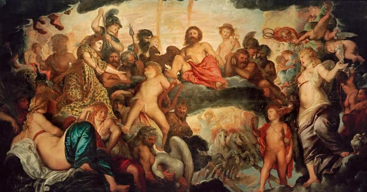 Peter Paul Rubens Götterrat Kunstkopie, thronender Jupiter mit Neptun, Minerva, Apollo und weiteren Göttern auf Wolken