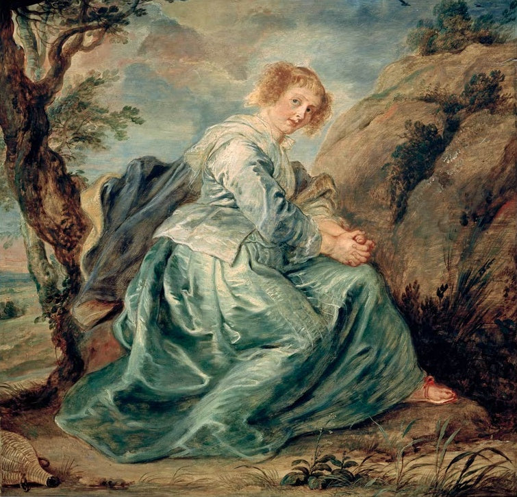 Peter Paul Rubens Hagar in der Wüste Kunstkopie, sitzende Frau in blaugrünem Seidenkleid neben Baum und Felsen