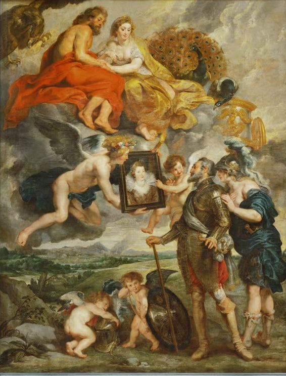 Peter Paul Rubens Heinrich IV. empfängt das Bildnis der Maria von Medici Kunstkopie, König in Rüstung mit Porträt, Götterpaar