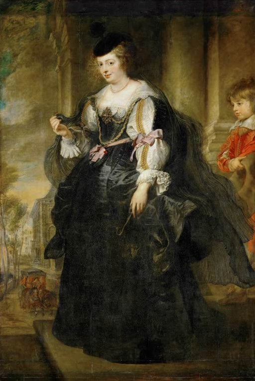 Peter Paul Rubens Helene Fourment mit einer Kutsche Kunstkopie, Dame in Schwarz mit Schleier und Knabe in Rot