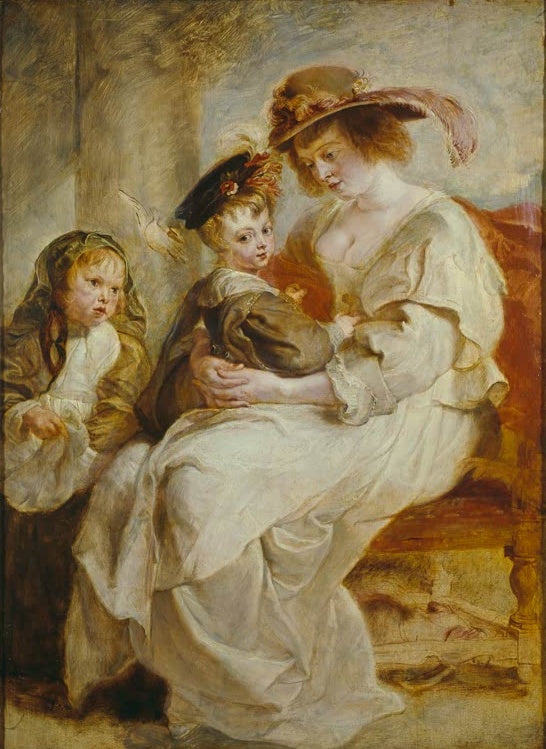 Peter Paul Rubens Helene Fourment und ihre Kinder Kunstkopie, Mutter im hellen Kleid mit Federhut, Sohn und Tochter neben ihr